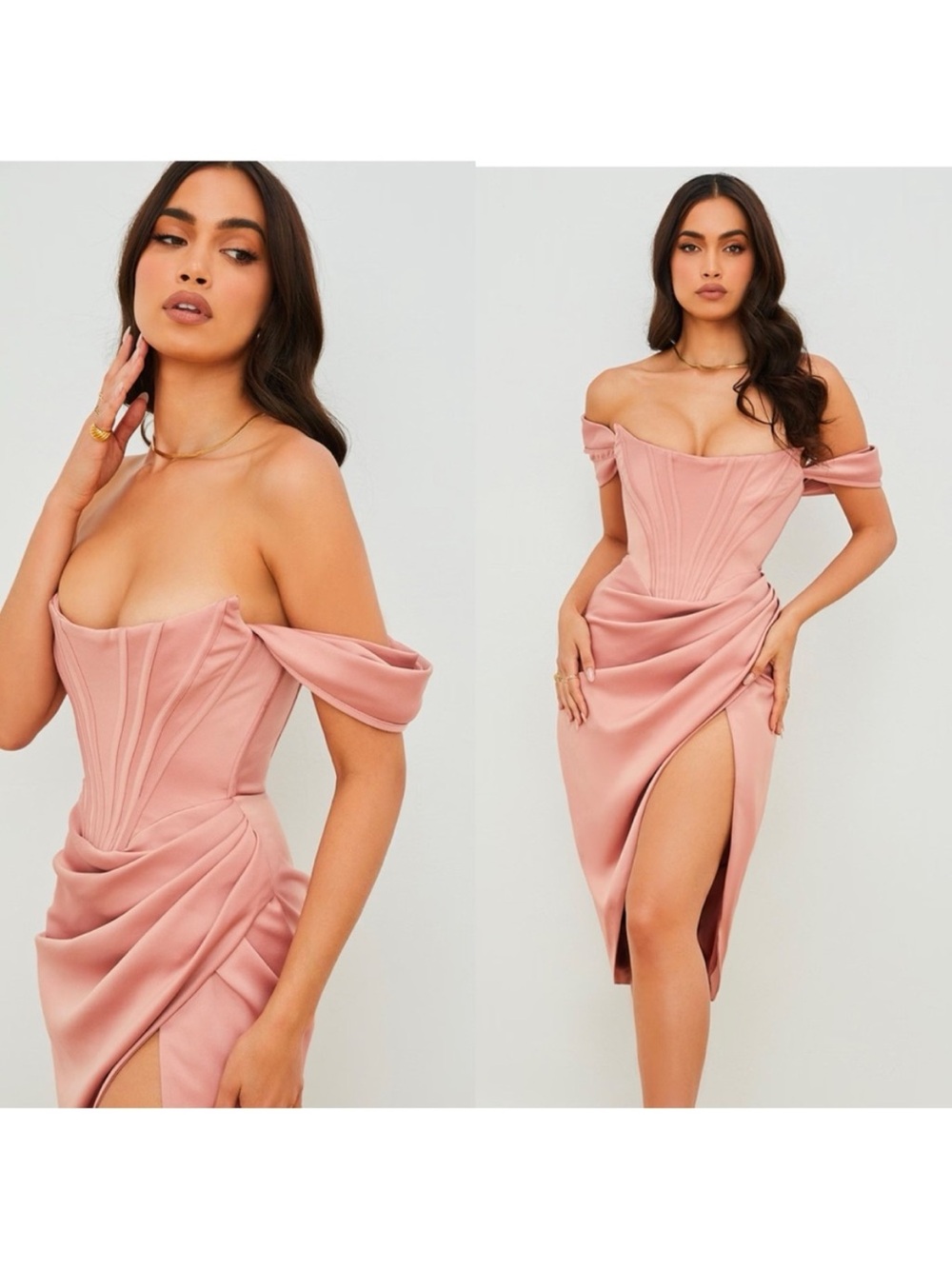 House of CB Satin Off the Shoulder Rose Gold Midi Dress